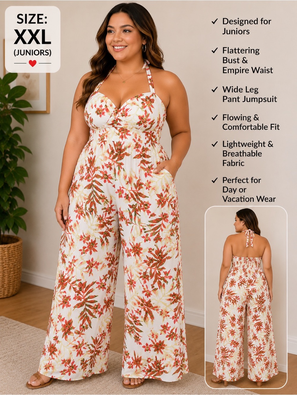 Plus Size Floral Wide-Leg Jumpsuit in Cream and Rust